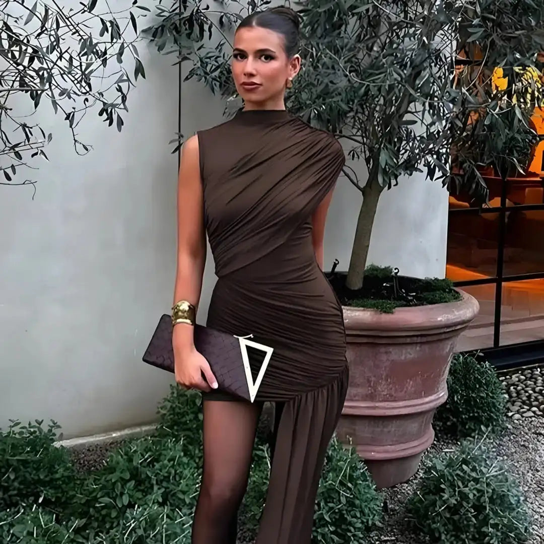 Vestido Midi Marrom Saphire - Elegante e versátil para festas e dia a dia