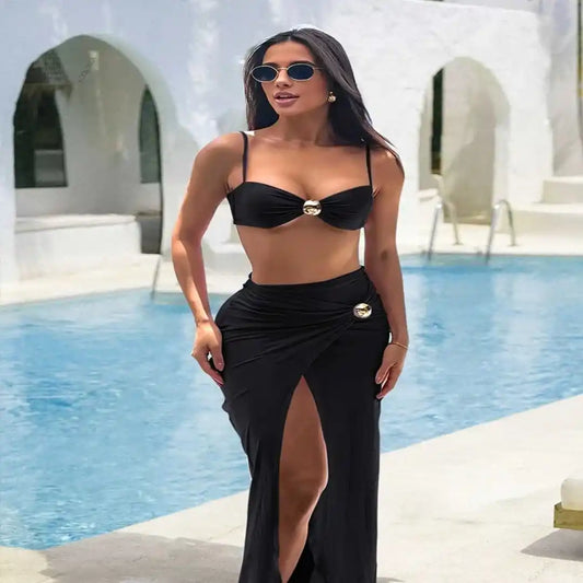 Conjunto Praia Vogue  –  Saia Longa e Biquíni Wear
