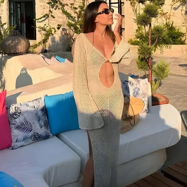 Vestido Longo de Renda Silhouett bege - Elegante para festas e eventos formais