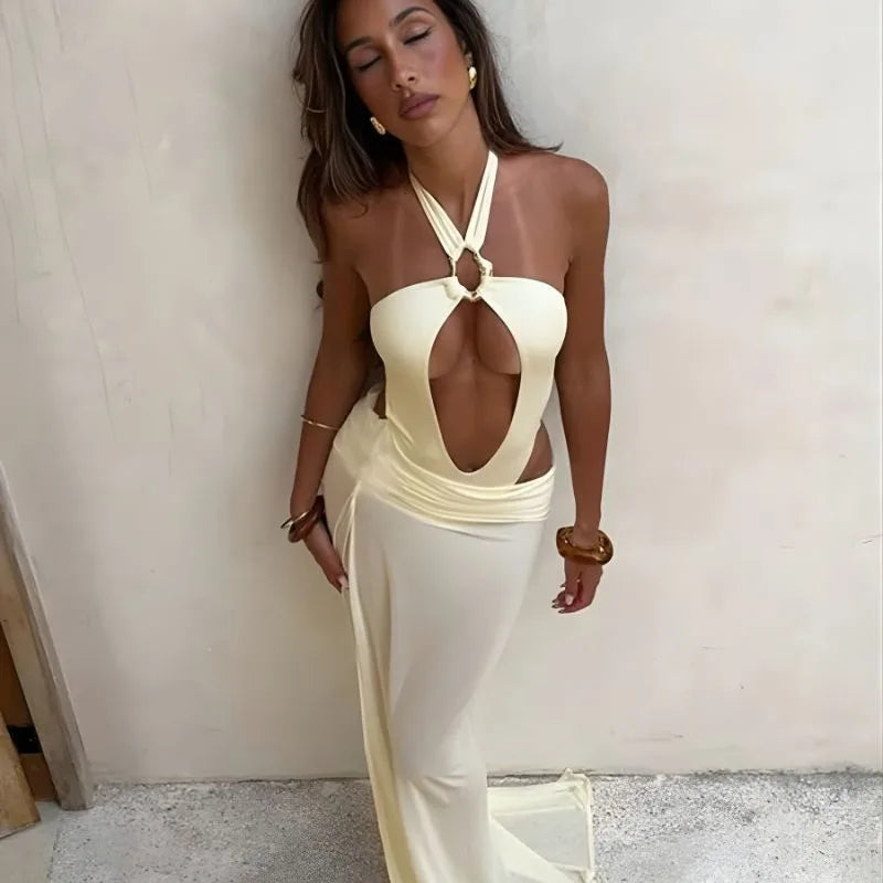 Vestido Longo Luna amarelo - Design halter sem costas para festas e casamentos