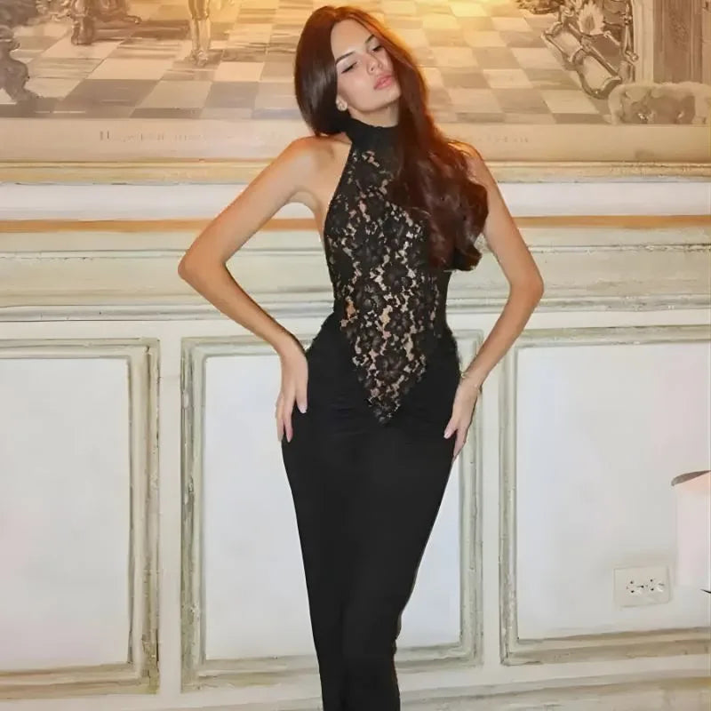 Vestido Longo Mystique preto - Renda refinada e costas abertas para festas