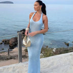 Vestido Longo Praia Divine azul e bege - Leve e confortável para praia e viagens