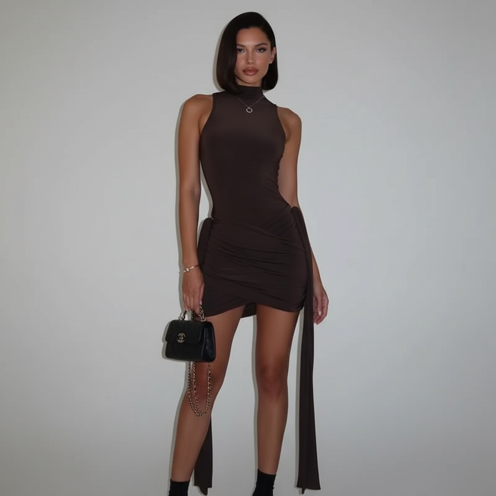 Vestido Ruched Marrom - Frente