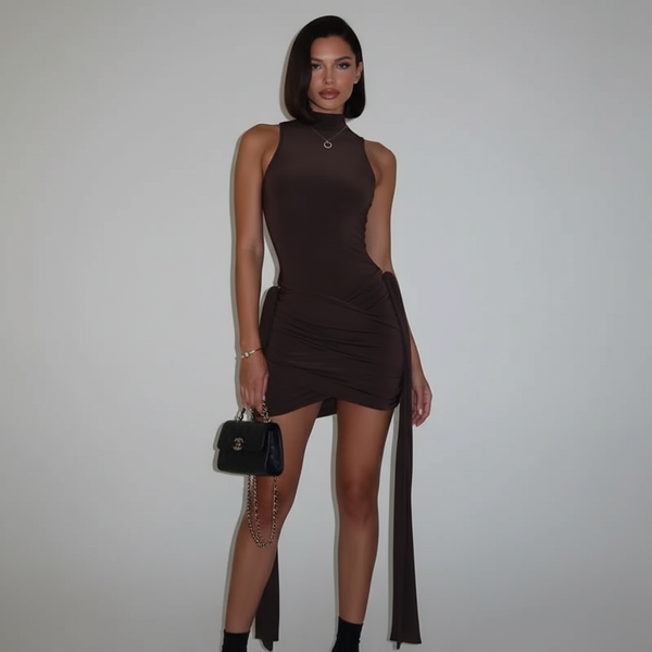 Vestido Ruched Marrom - Frente